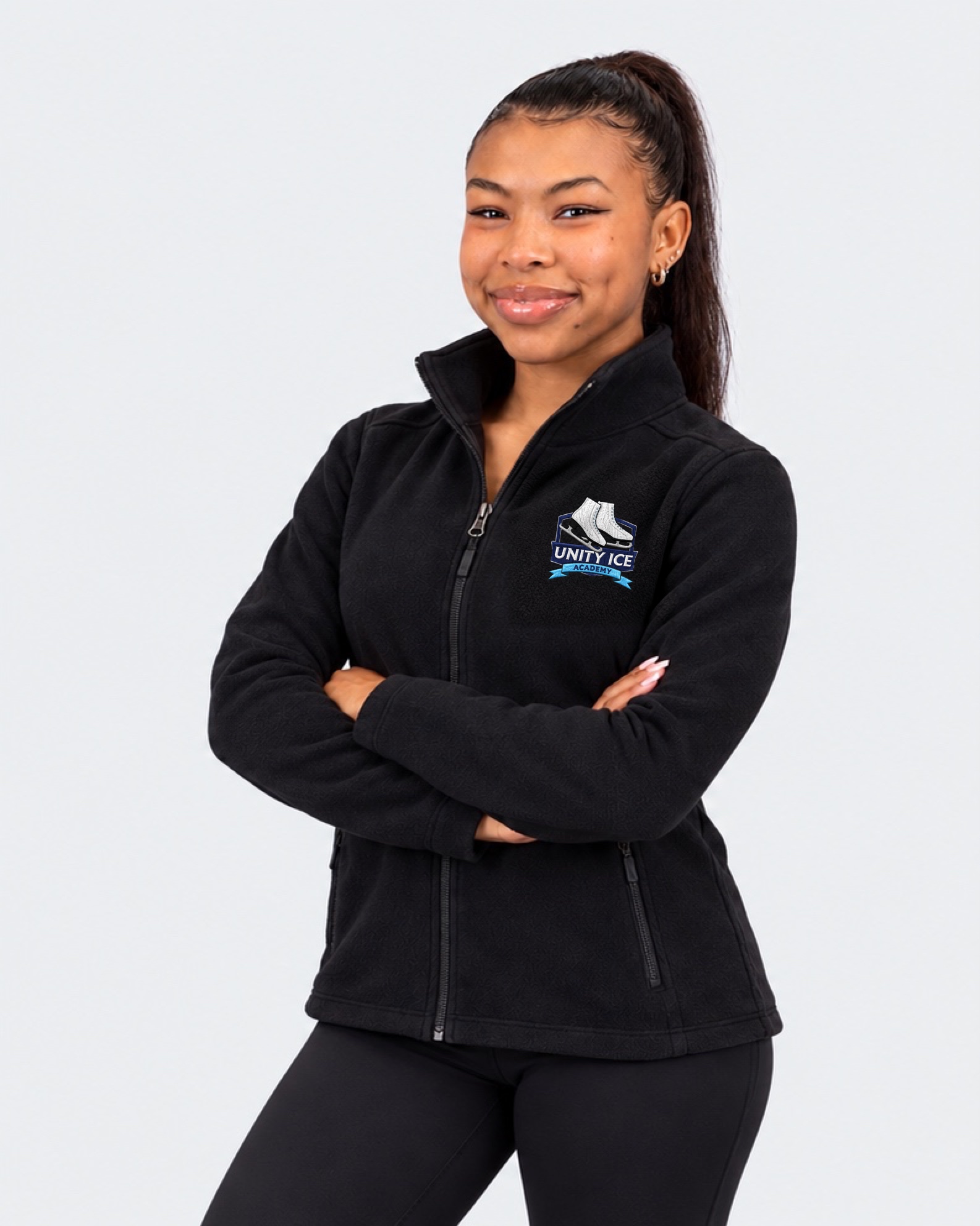 AI-generated mockup of Starr Andrews wearing a black adult Unity Ice Academy fleece jacket.