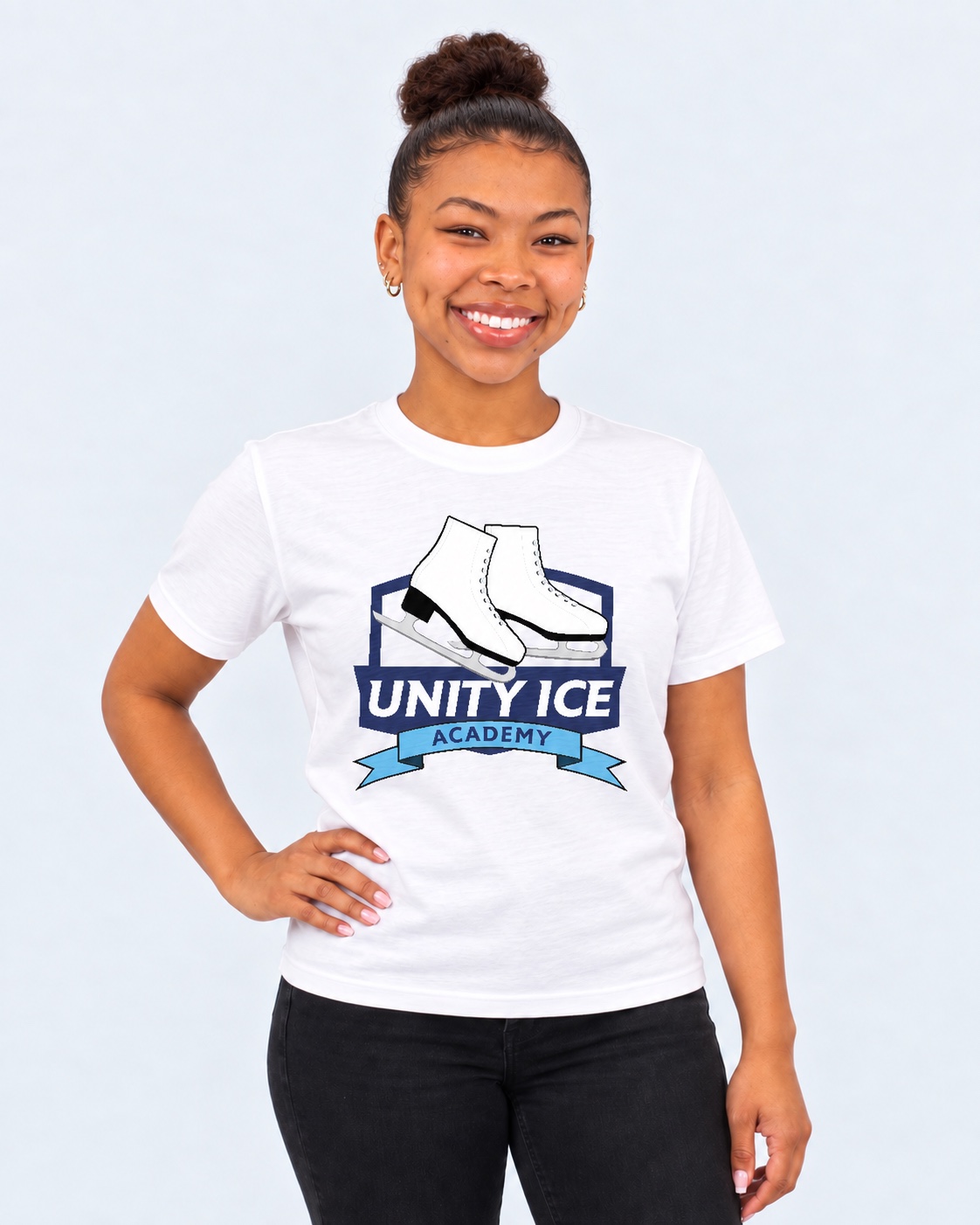 AI-generated mockup of Starr Andrews wearing a white adult Unity Ice Academy T-shirt.