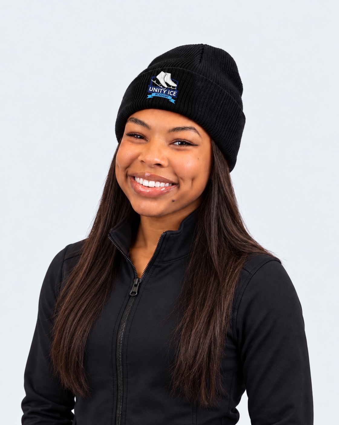 AI-generated mockup of Starr Andrews wearing a black cuffed Unity Ice Academy beanie.