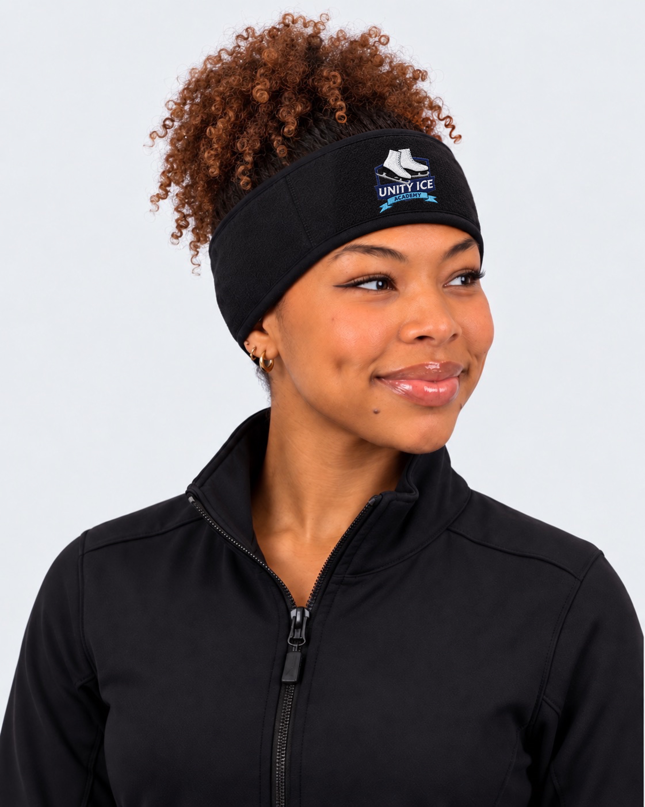 AI-generated mockup of Starr Andrews wearing a black Unity Ice Academy fleece ear-warmer headband.