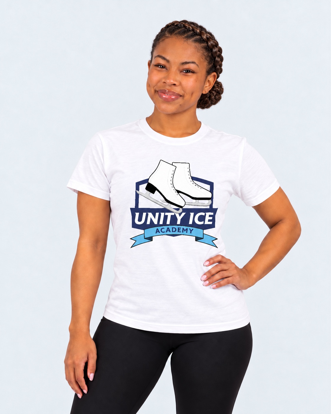 AI-generated mockup of Starr Andrews wearing the white youth Unity Ice Academy logo T-shirt.
